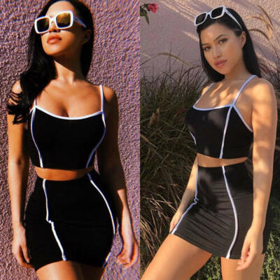 

USA Women 2 Piece Set Dresses Bodycon Skirt Outfit Crop Top Mini Summer Dress