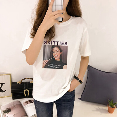 

Womens Round Neck Character & Letters Print O-neck Casual Short Sleeve Pullover Loose T-Shirt