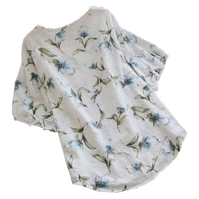 

Womens Floral Print V-Neck Short Sleeve Cotton & Linen Blouse