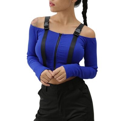 

NEW Women Off Shoulder Sexy Word Collar Solid Color Zipper Strap Knit Long-Sleeved Summer Casual T-Shirt