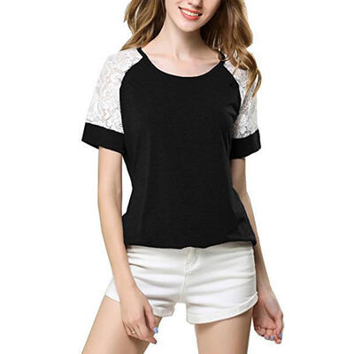 

Loose Summer Women T-Shirt Short Sleeve Lace Stitching O-Neck Fashion Tops