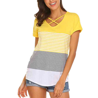 

Summer Color Block Striped Tee Top Women Cross Front V Neck Short Sleeve T-Shirt