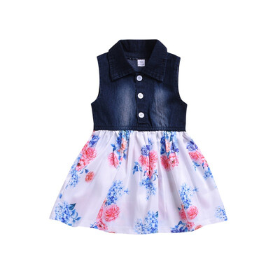 

Summer Kids Girls Dress Casual Baby Girls Floral Pattern Sleeveless Patchwork Denim Dress Kids Toddler Pageant Sundress