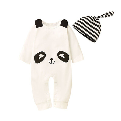 

Autumn Baby Boy Girl Cotton Cartoon Animal Pattern Infant Long Sleeve JumpsuitStriped Hat Newborn Romper Set