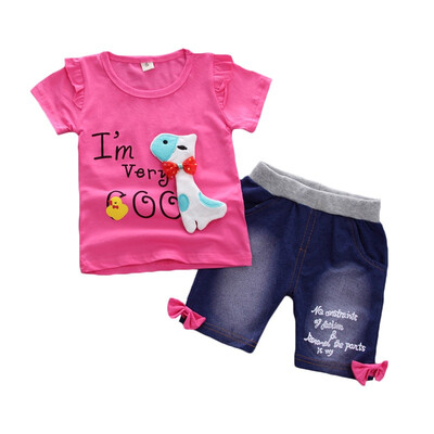 

2Pcs Children Sets Summer Girls T-shirt Shorts Set Cute Cartoon Dogs Print Casual T-shirt Denim Pant Girls Clothes Set Summer