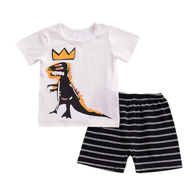 

2PCSSets Summer Baby Boy Casual Cartoon Dinosaur Print Short Sleeve Tops T-shirt Stripe Shorts Toddler Outfits Clothes