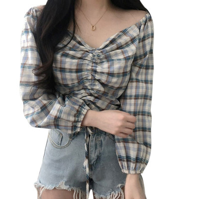

Fashion Autumn Harajuku Style V-neck Strapless Drawstring Long Sleeve Short Shirt