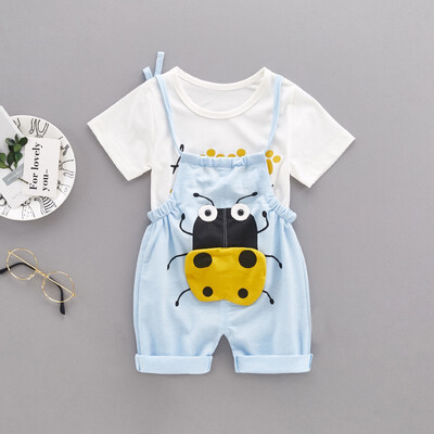 

Summer Children Kids Boys Girls Unisex Clothing Set Cartoon Printed Short-sleeved Round Collar Casual T-shirtBib Pants