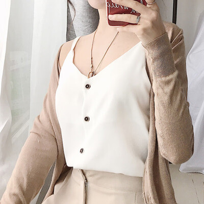 

Womens Simple Casual Fashion V-Neck Single Breasted Solid Camisole Brand New And High Quality