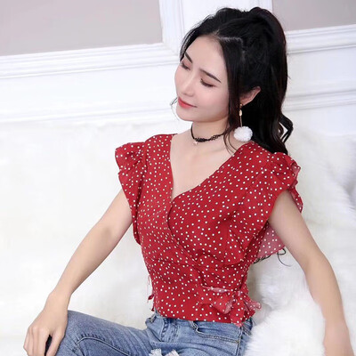 

Dot Print Elegant Chiffon Blouse Women Short Sleeve Ruffles Lace Up Nipped Waist Blouse Sexy V-Neck blusas mujer de moda 2019