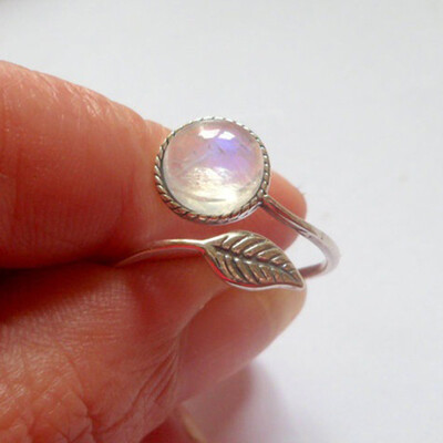

Adjustable Leaf Nature Rainbow Moonstone Ring Feather Rings Gemstone Wedding Ring Fine Jewelry Gifts