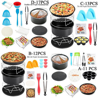 

11121317Pcs Home Air Fryer Pan Accessories with Recipe Book Non-stick Bucket Stainless Steel Stand Silicone Mat
