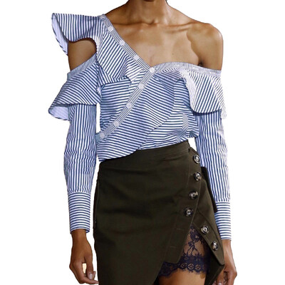 

ROPALIA One Shoulder Off Ruffles Shirt Spring Summer Women Tops Casual Blue Striped Shirt Long Sleeve Cool Street Wear