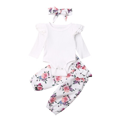 

3PCS Infant Toddler Baby Girl Clothes Ruffle Romper Bodysuit Floral Halen Pants Headband Outfits