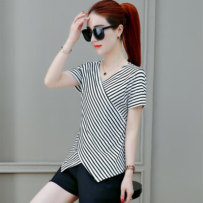 

Women Summer Contrast Striped Print T-Shirt Loose V-Neck Irregular Hem Tshirt Short Sleeve Casual Simple Wild T-Shirt Women 2019