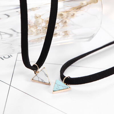 

Hot And Beautiful Triangle Turquoise Pendant Necklace Women Fashion Black Leather Rope Choker Collar Accessories Gift