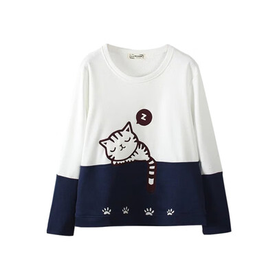 

2019 Autumn Casual Harajuku cartoon cat embroidered Sweatshirts Cosy Women Long Sleeve hoodies Tops Pullover kpop moletom