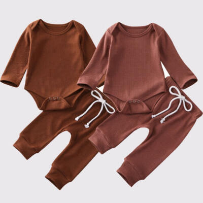 

Newborn Baby Boy Girls Solid Clothes Long Sleeve Romper TopsLong Pants Outfits