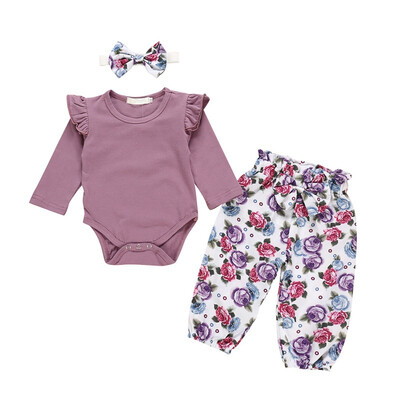 

Autumn Clothes for Baby Girl Clothes Long Flare Sleeve Romper Tops Floral Trousers Headband Outfits Clothing Set for Infant Baby