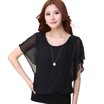 

Fashion Women Chiffon Solid Color O Neck Batwing Sleeve Loose Blouse T-shirt Top