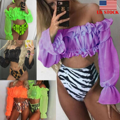 

Womens Sexy High Waist Swimwear Puff Sleeve 2PCS Swimsuit Bikini Set Beachwear