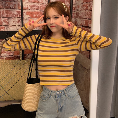 

Women Autumn Winter Stripes Slim Long Sleeved Round Collar Knit Sweater Cool Girl Streetwear Korean Style Pullovers