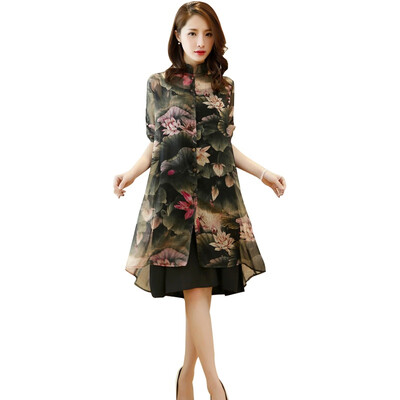 

Summer Floral Chiffon Dress Two Pieces Set Sleeveless V Neck Vest Dresses Plus Size Women Sets