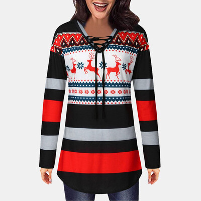 

Gobestart Christmas Women Winter Print Lace Up Tops Sweatshirt Blouse T-Shirt