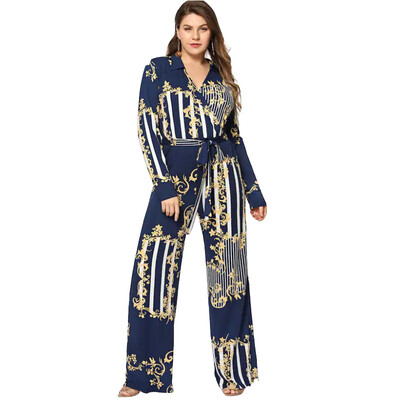 

Ladies Sexy 3D Printing Jumpsuit V-Neck Plus Size Long-Sleeved High Waist Tie Wide Leg Jumpsuit Trousers