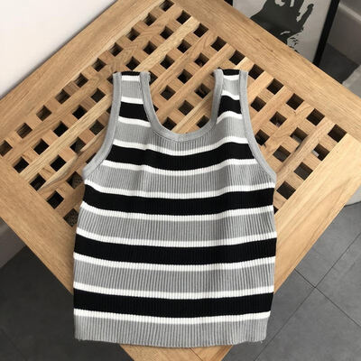 

Ladies Vintage Contrast Round Neck Sleeveless Top Stripe Ribbed Summer Knit Ms Mini Vest Summer