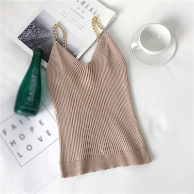 

Sexy Women Thin Knit Sweater Tank Tops V-neckline Womens Metal Strap Off Shoulder Vest Knot Cropped Tank Tops