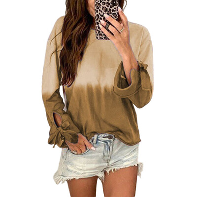 

Womens Creative Color Gradually Change Sweatershirt Loose Fashion Long-sleeved Tie Decoration Sweatershirt Top