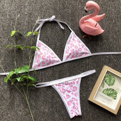 

2019 Women Sexy Swimwear 2 Pieces Pink Leopard Print Summer High Waist Bandage Sunscreen Swimwear Backless