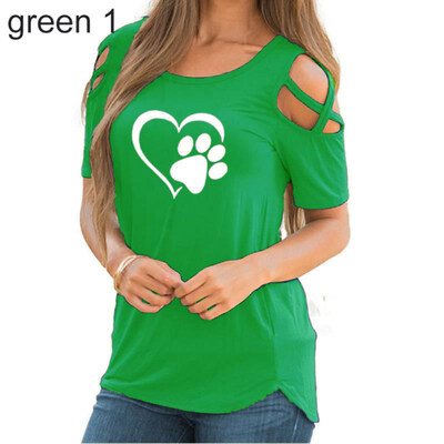 

Summer Casual Paw Print Cross Off Shoulder Short Sleeve O-Neck Women T-Shirt Top