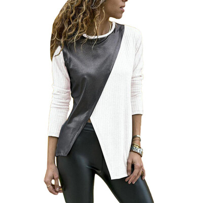 

Fashion Women Faux Leather Patchwork Color Block Irregular Long Sleeve T-Shirt