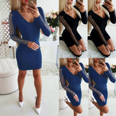 

Women Beading Bodycon Mini Dress V Neck Long Sleeve Solid Evening Party Cocktail