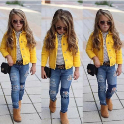 

Girls Kids Jean Coat Jacket Outwear Denim Top Button Lace Button Outfits 2-7T