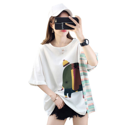 

Women Striped & Elephant Print O-Neck T-Shirt Casual Loose Half Sleeve Fashion Long Tops Tee