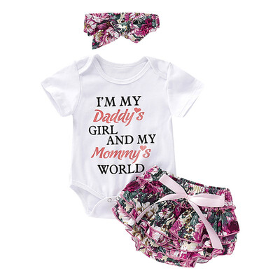 

Summer Newborn Infant Cute Sweet Sets Baby Girl Cute Letters Print Short Sleeve Rompers&Floral Short Pants Floral Headband