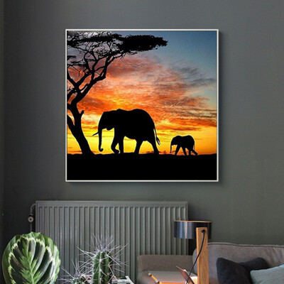 

3030cm DIY Diamond Painting Diamond Cross Stitch Full Diamond Embroidery Elephant Mother Son Sunset Home Decoration