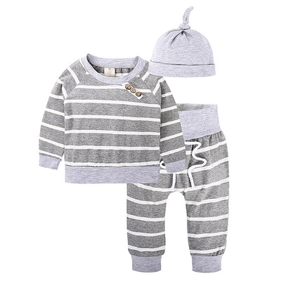 

Kacakid Gray New Fashion Newborn Baby Autumn And Winter Clothing Suit Striped Shirt Waistband Hat 3 Sets Y6