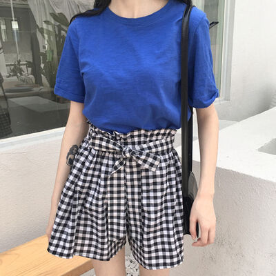 

Korean Summer Tshirt set Women Solid T-shirt Plaid Belt Shorts Loose Shorts Suit 2 Piece Set Women