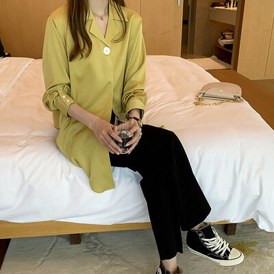

Women Blouse Autumn Blouse Turn-down Collar Solid Color Fashion Casual Long Sleeve Office Lady Blouses