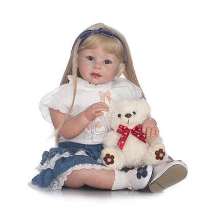 

Silicon Reborn Toddler Doll Baby Doll Girl With Long Straight Golden Hair Clothes Wig Boneca 28inch 71cm Lifelike Cute Gifts Toy