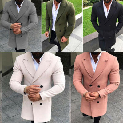 

US Stock Fashion Mens Pink Peacoat Long Jackets Woolen Overcoat Lapel Long Coat