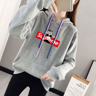 

Women Simple New Autumn Warm Hoodies Long Sleeve Cute Print Plus Velvet Loose Hooded Sweatshirts