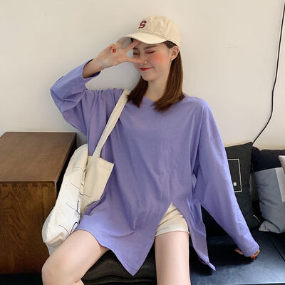 

Autumn Loose Oversized Slit T-shirt Women Long Sleeve Korean Style Sweet Solid Color O neck Steetwear Stranger Things Tee