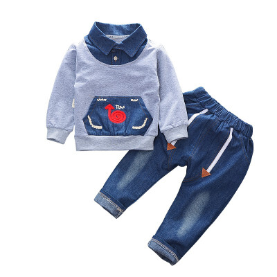 

Baby Boy Girl Fake TwoPieces Casual Cartoon Snail Pattern Imitation Cowboy Long Sleeve TopsLong Trousers Outfits Autumn Set