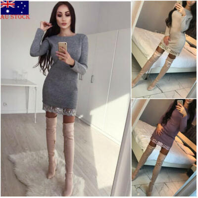 

Womens Long Sleeve Mini Dress Bodycon Jersey Stretch Ladies Casual Party Dress