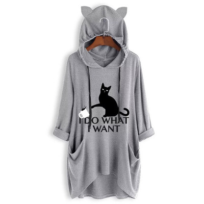 

Tanersoned Cute I Do What I Want Blouses Cat Graphic Long Sleeve Loose Womens Casual Hooded Shirts